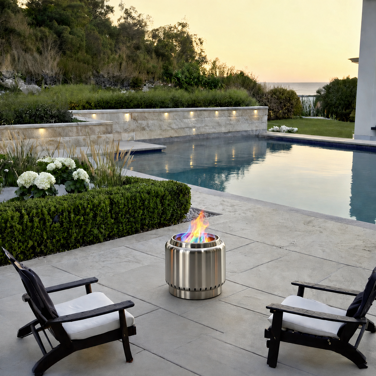 Ecoflame smokeless fire pit with fire by the pool