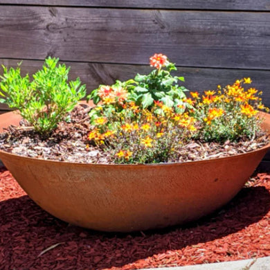 Rust-colored fire pit used as a planter with plants and flowers against a wooden fence.