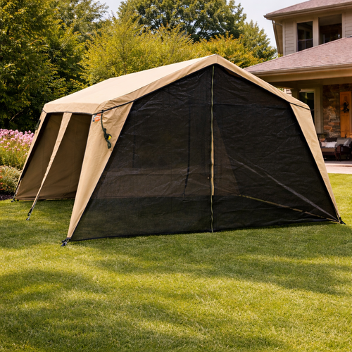 Campmor Canvas Gazebo Mesh end with zip - view from angle