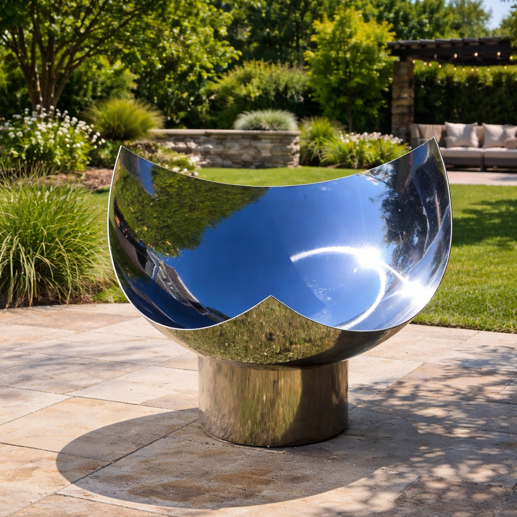 The Chalice Fire Pit - Stainless Steel in a garden setting with greenery and a stone wall in the background