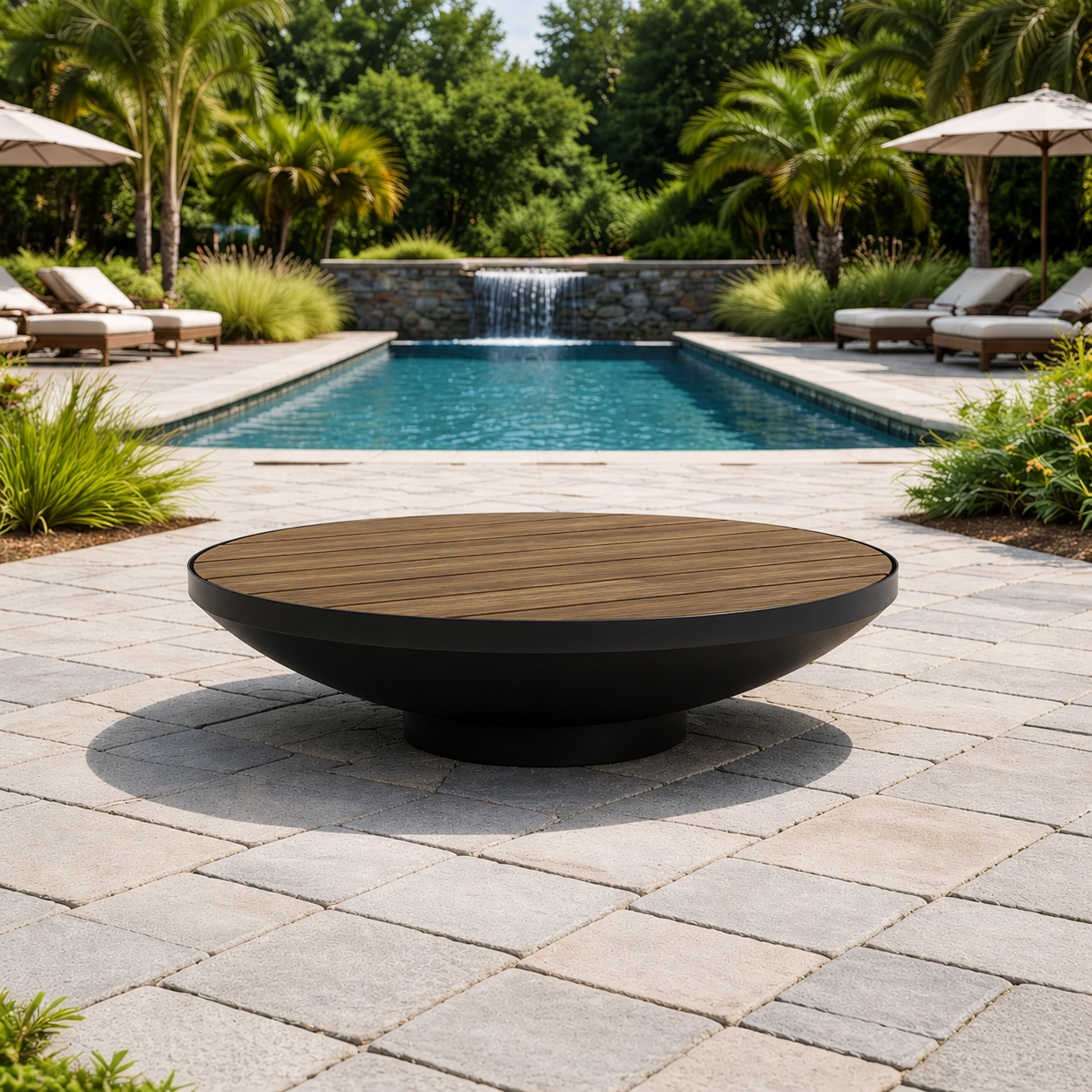 Cauldron Black fire pit  with a table top on a patio with a pool and garden in the background