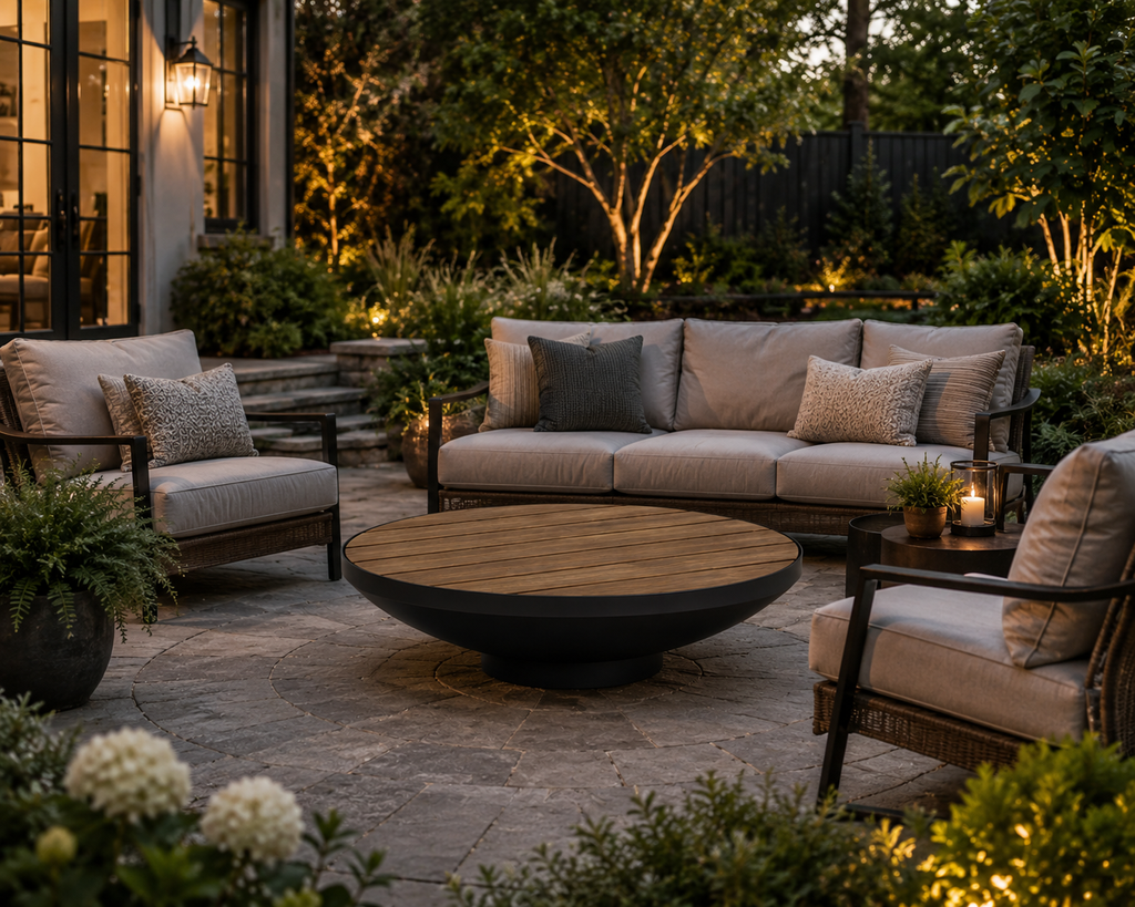 Outdoor patio setting with the Cauldron Black fire pit  with a table top 