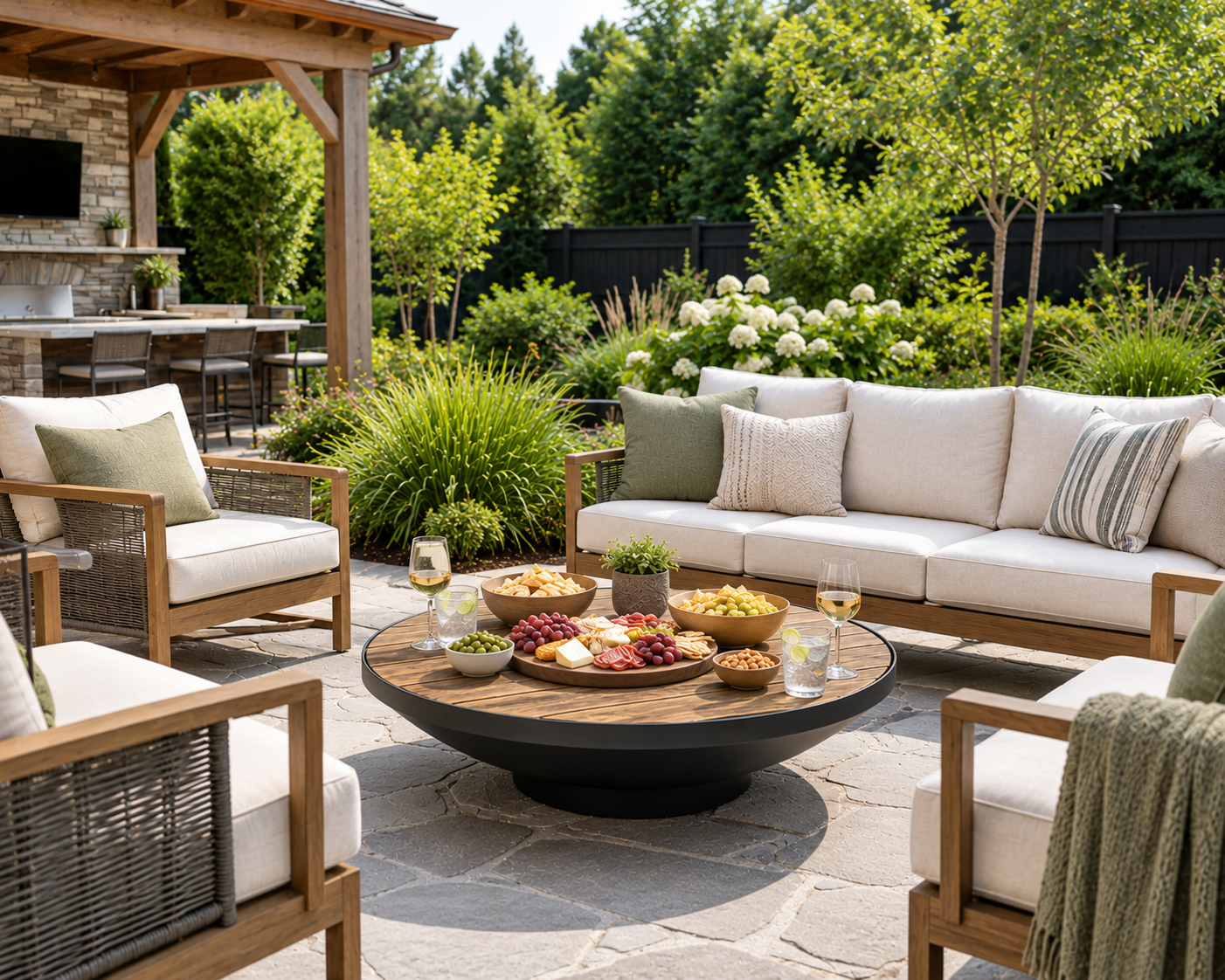 Solid Merbau Timber Fire Pit Table Top on a fire pit with snacks and drinks