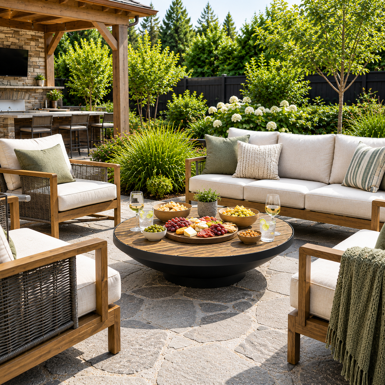 Cauldron Black fire pit  with a table top  and food and drinks