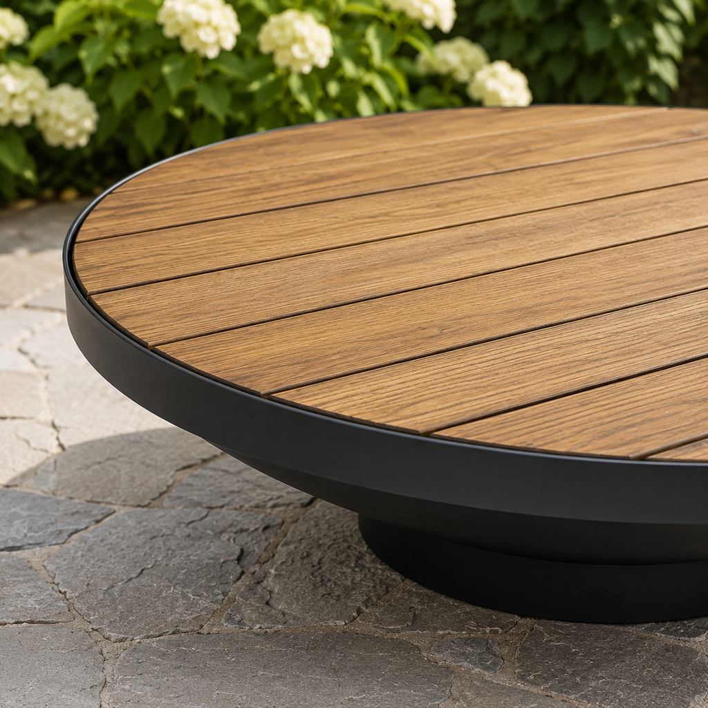 Solid Merbau Timber Fire Pit Table Top on a black fire pit