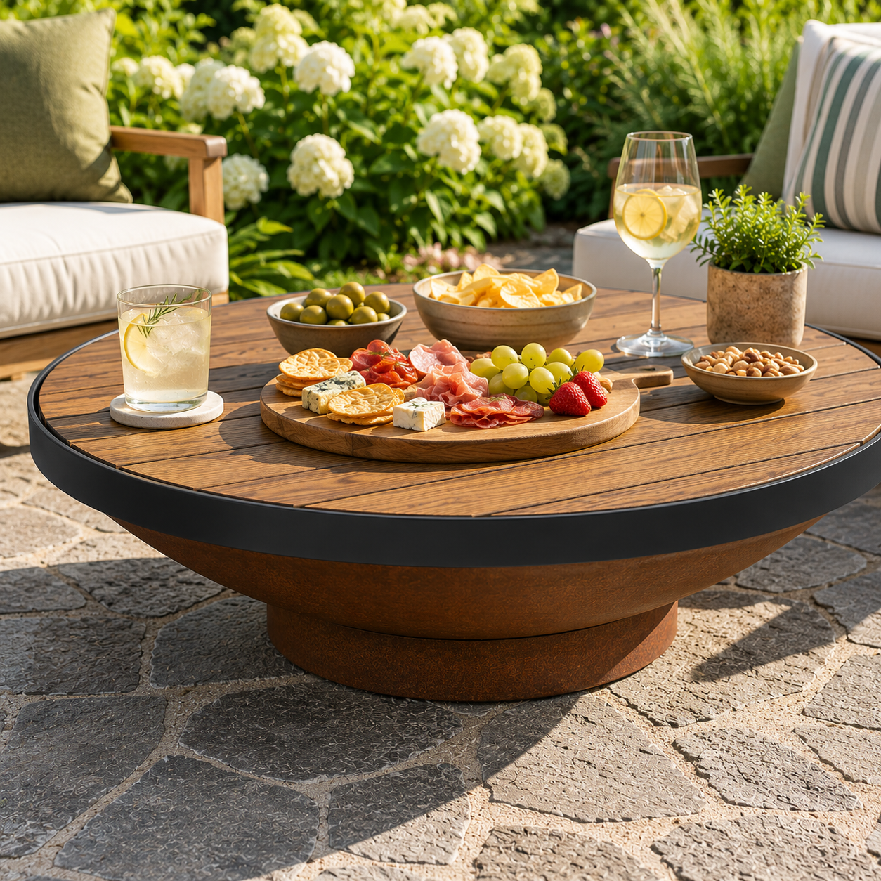 Round Solid Merbau Timber Fire Pit Table Top with appetizers and drinks on a patio