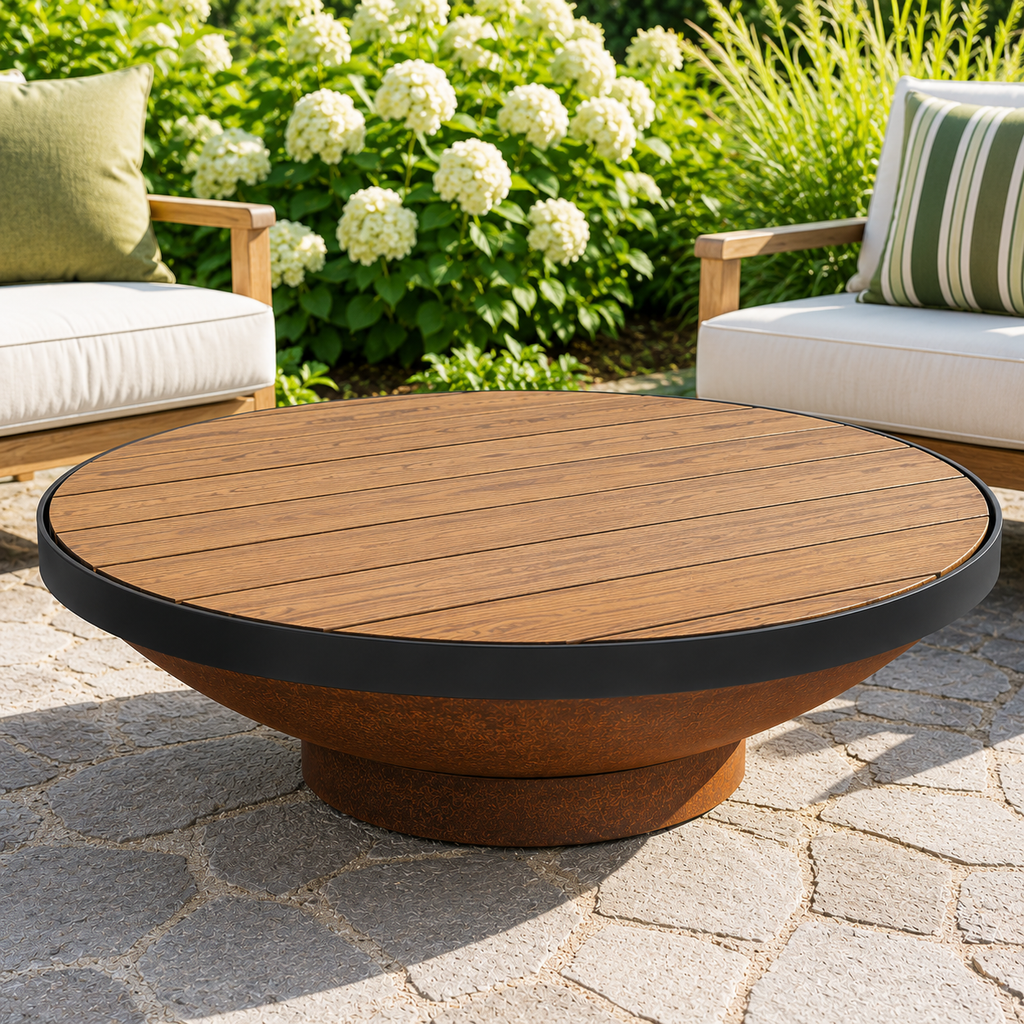 Solid Merbau Timber Fire Pit Table Top on a rust fire pit