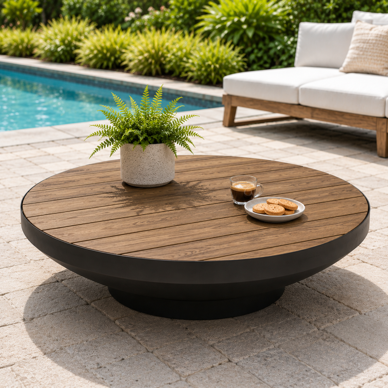 Cauldron Black fire pit  with a table top with a plant, glass, and plate on a patio by a pool