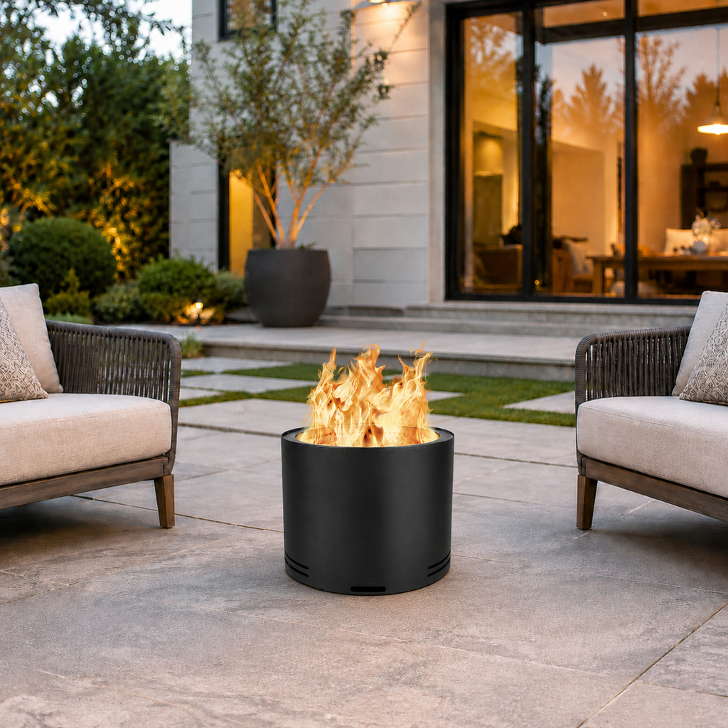 Outdoor patio with The Onyx - Smokeless Fire Pit, chairs, and house in the background