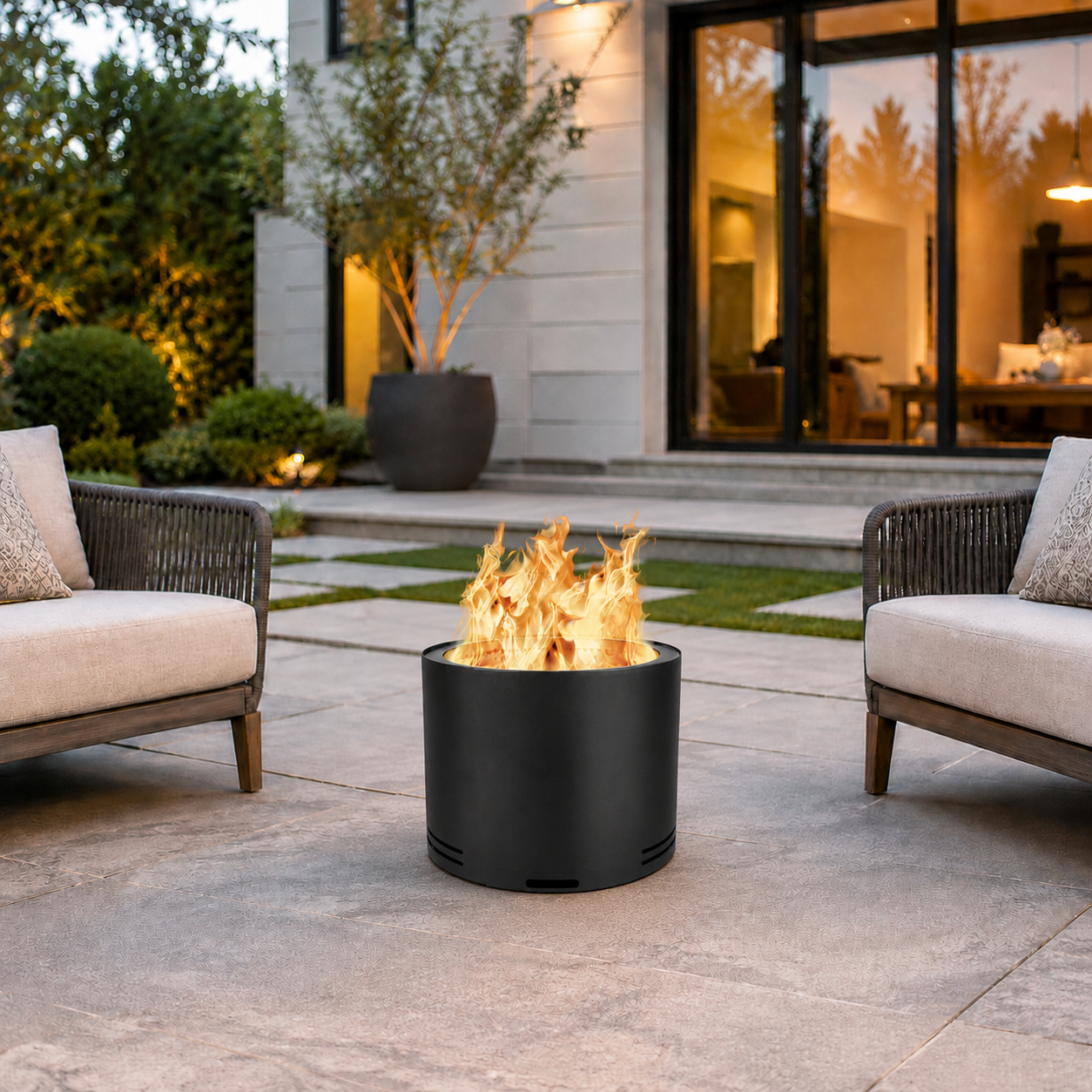 Outdoor patio with The Onyx - Smokeless Fire Pit, chairs, and house in the background
