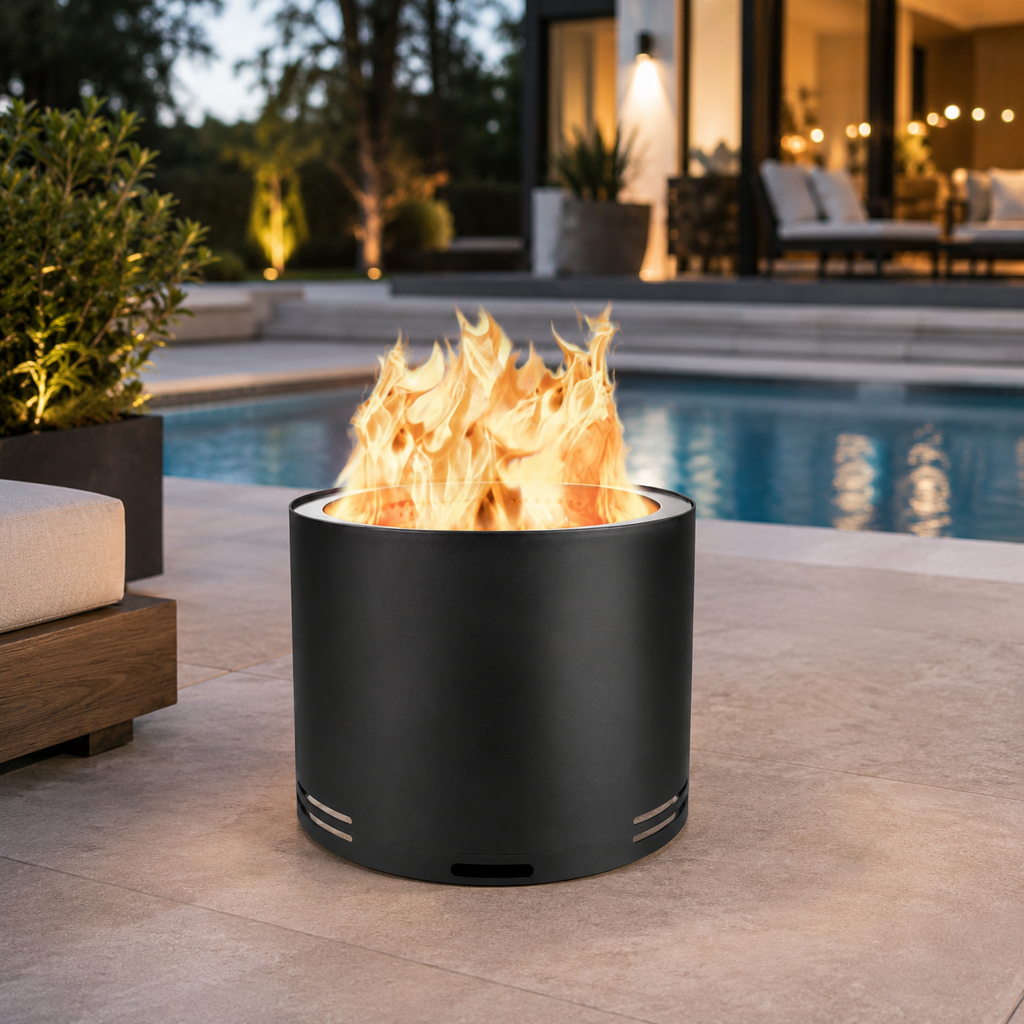 A blackfire pit called The Onyx - Smokeless Fire Pit with flames burning outdoors near a pool