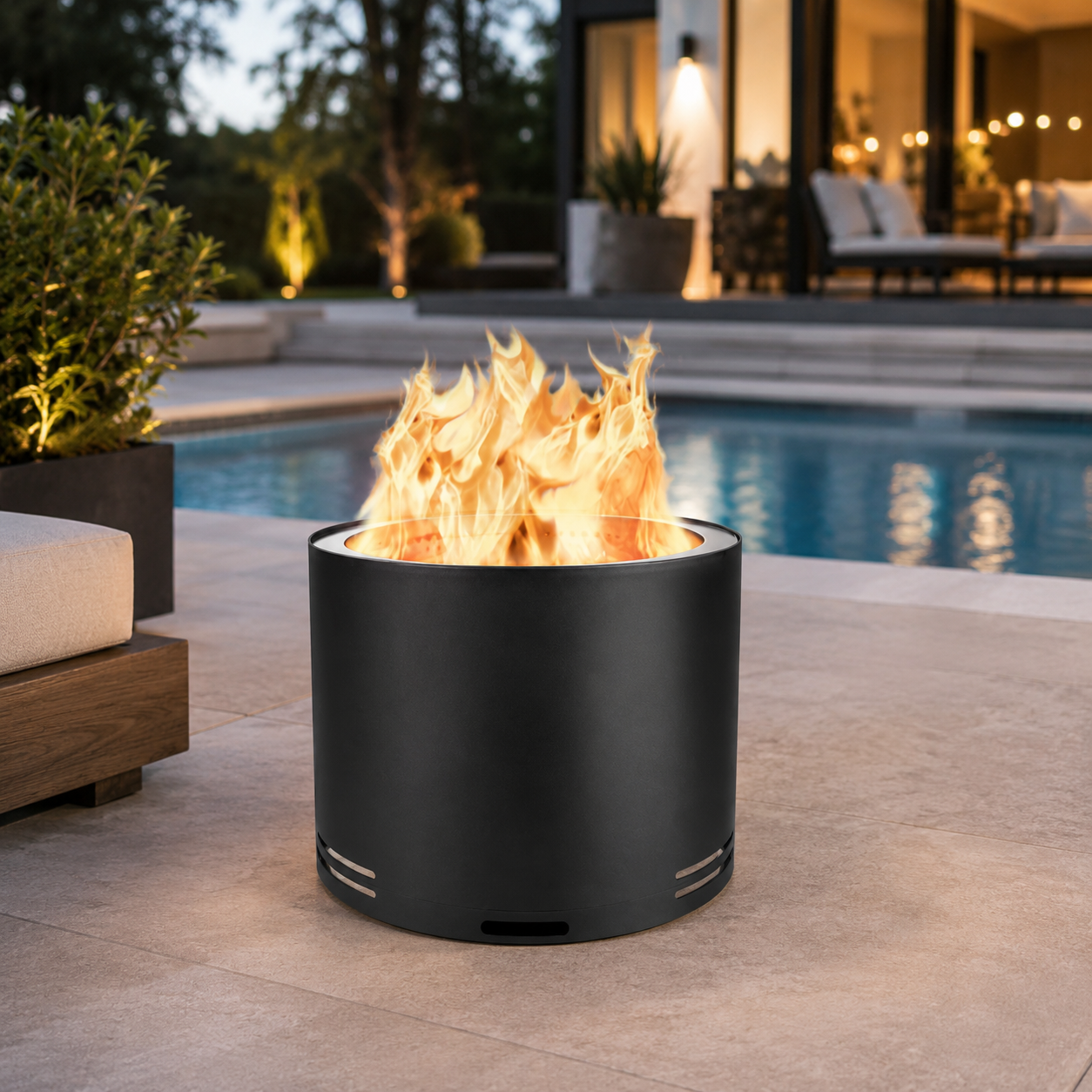 A blackfire pit called The Onyx - Smokeless Fire Pit with flames burning outdoors near a pool