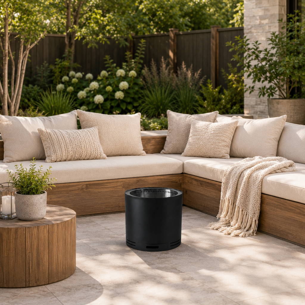 Outdoor patio with sectional sofa, coffee table, and fire pit in a garden setting.