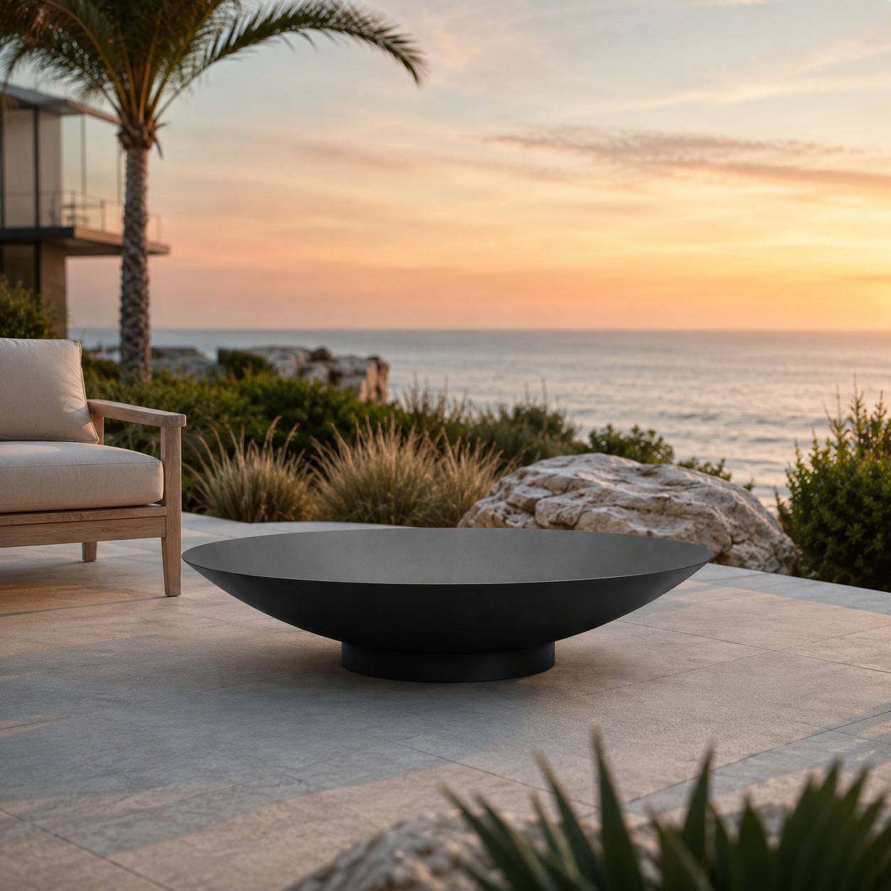 Outdoor patio with a fire pit, chair, and ocean view during sunset.