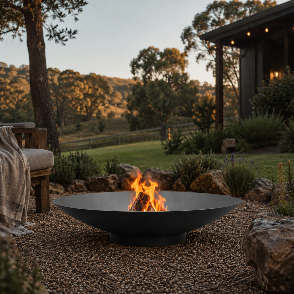 Outdoor setting with The Cauldron Black Fire Pit, bench, and scenic landscape.