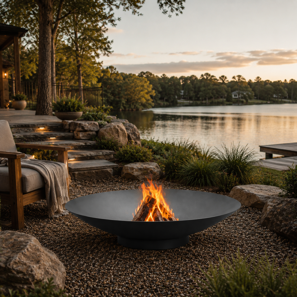 The Cauldron Black Fire Pit by a lake with sunset and outdoor furniture