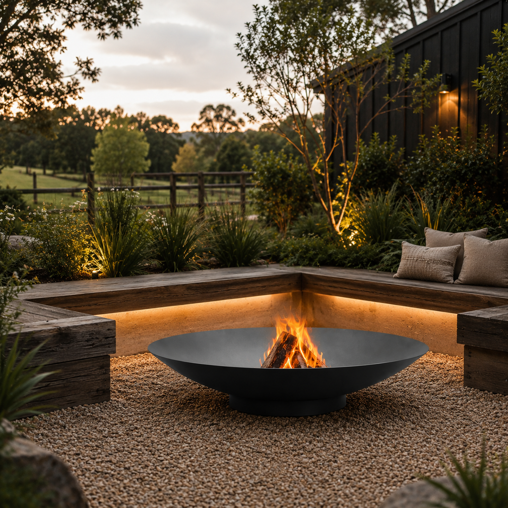 Outdoor fire pit area with seating and garden setting