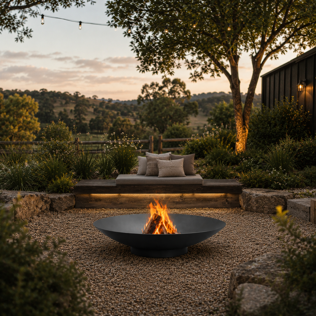 Outdoor setting with the Cauldron Black Fire Pit and seating area surrounded by nature at dusk.