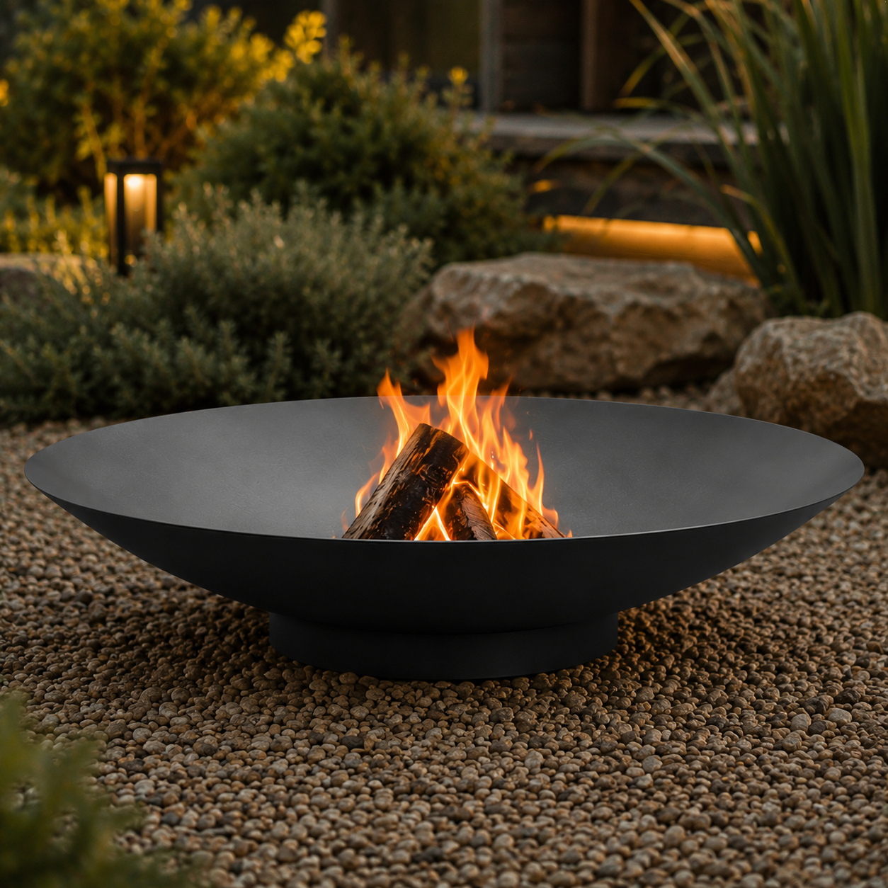 Black fire pit with flames in a garden setting