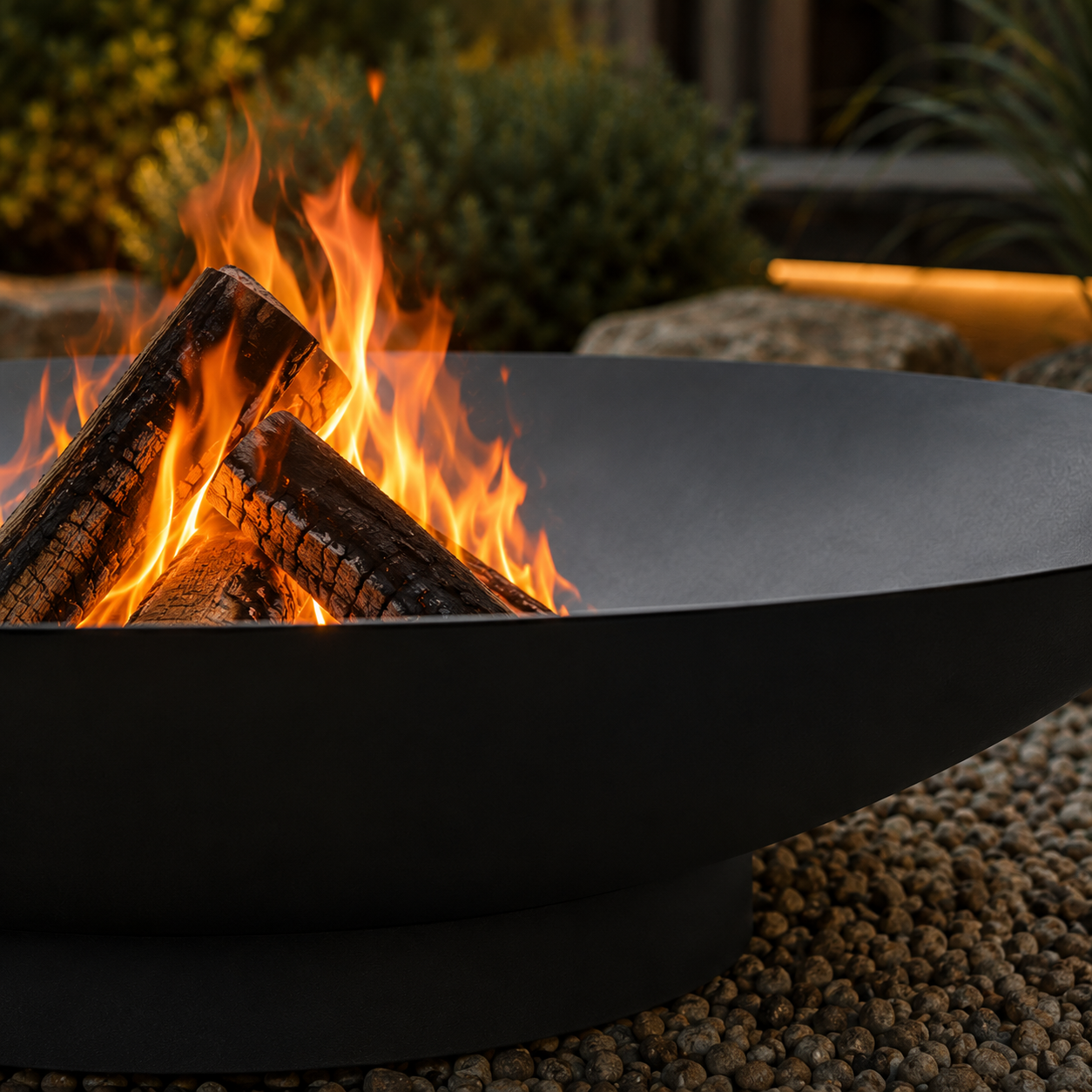 Blavk fire pit with burning logs in an outdoor setting