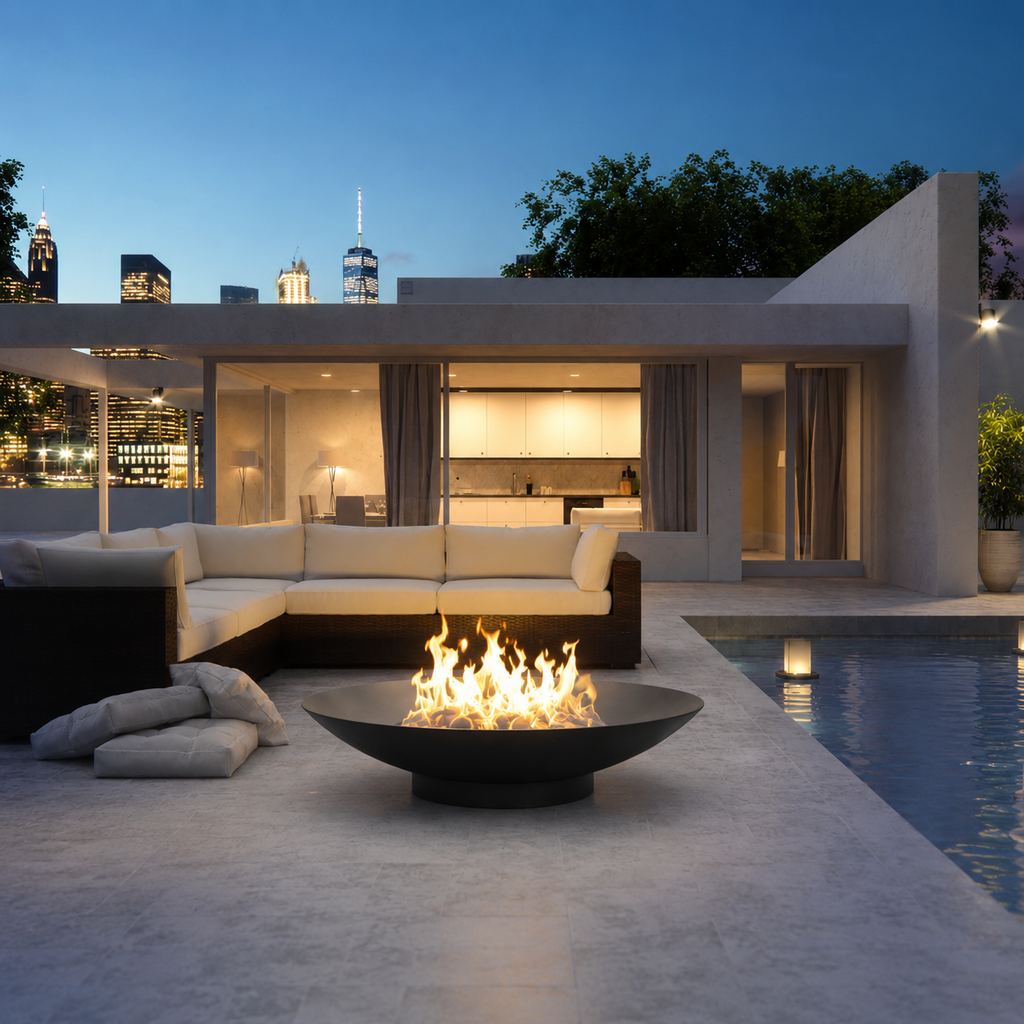 Modern outdoor living space with the Cauldron Black Fire Pit, pool, and city skyline view.