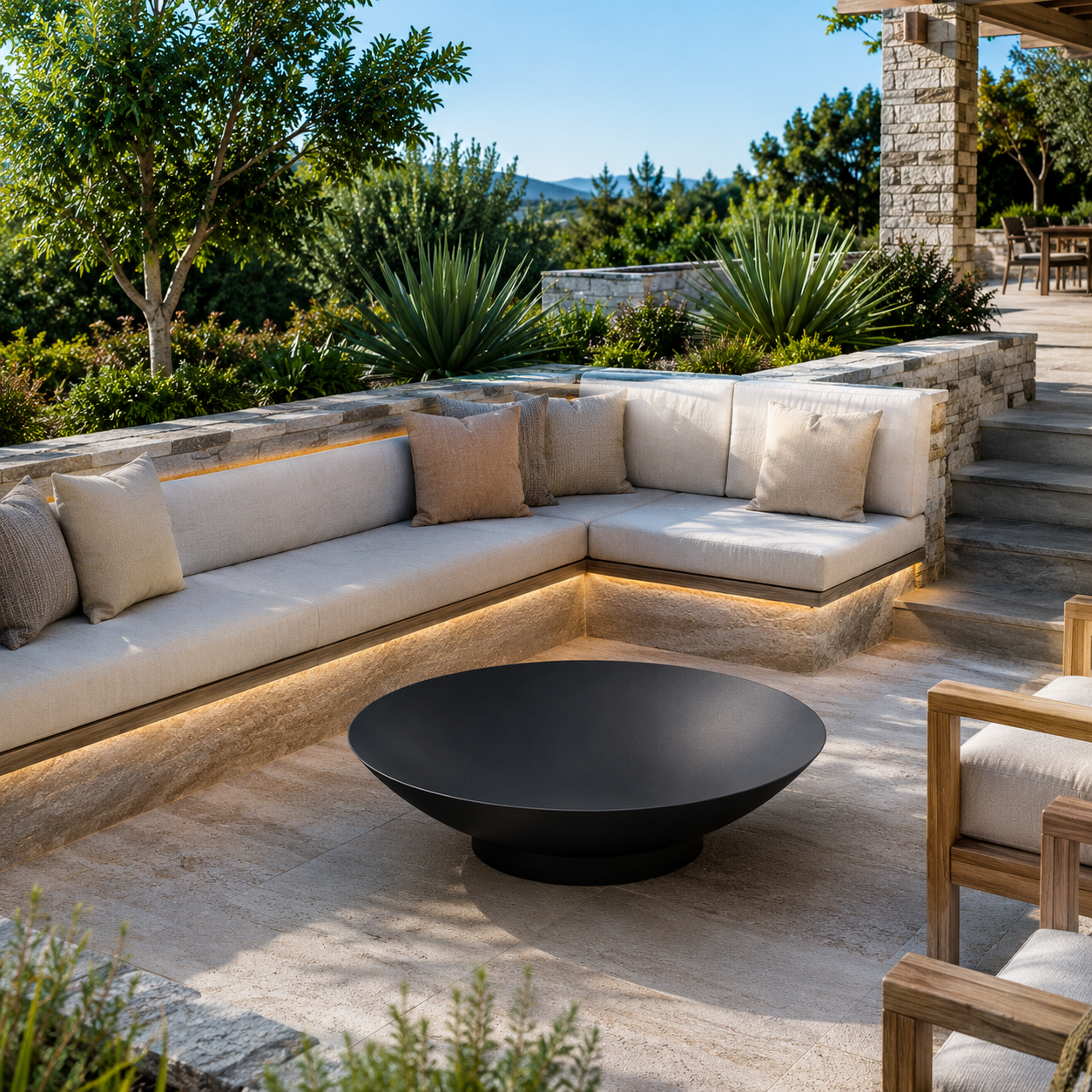 Outdoor patio with a sectional sofa and the Cauldron Black Fire Pit  in a garden setting.