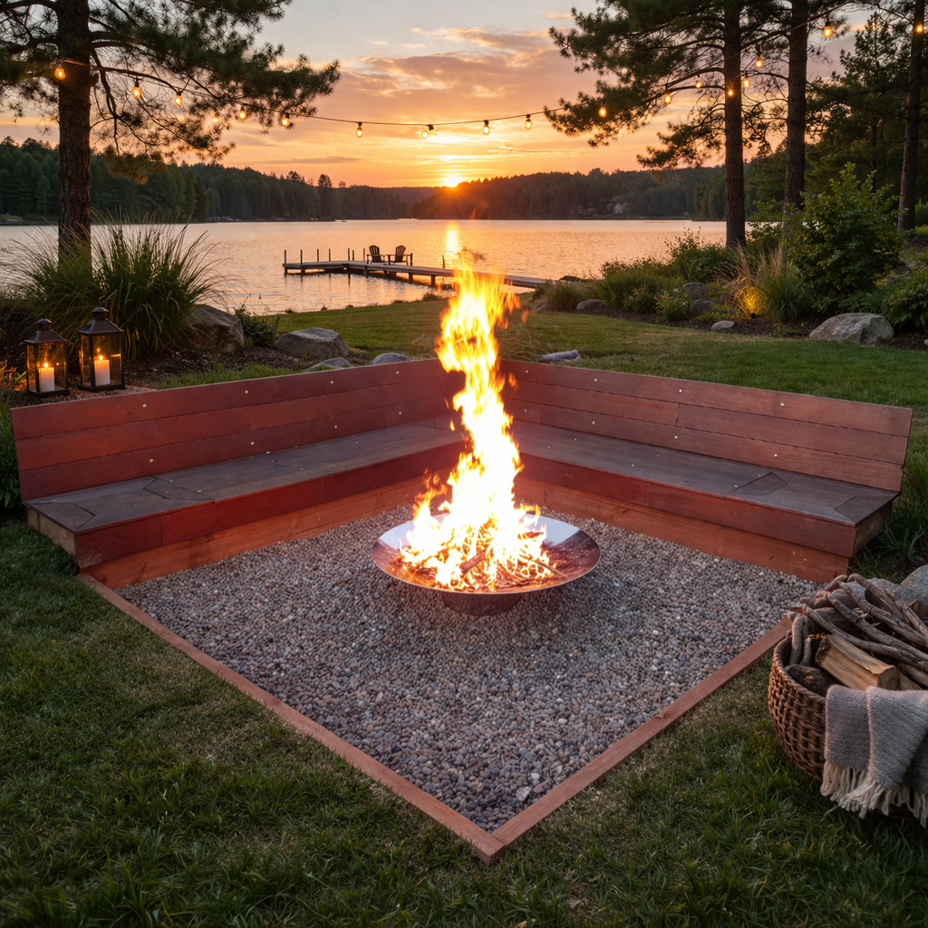 Fire pit with wooden seating area by a lake at sunset
