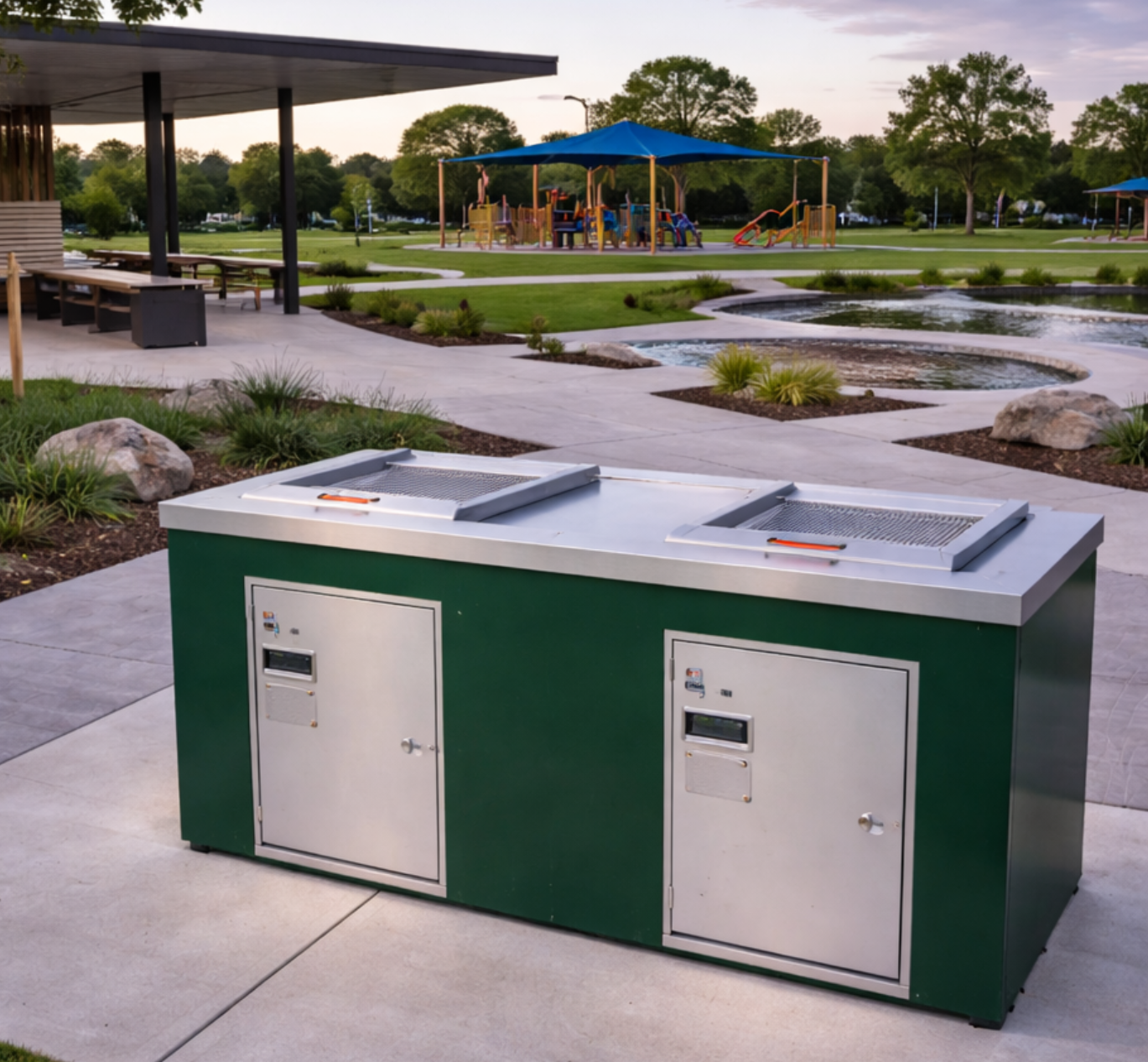 Double Cabinet with Galvanised & Powdercoated Cladding in a park setting