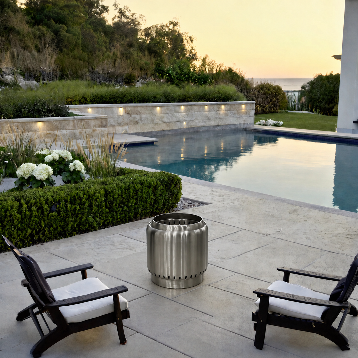 Ecoflame smokeless fire pit by the pool
