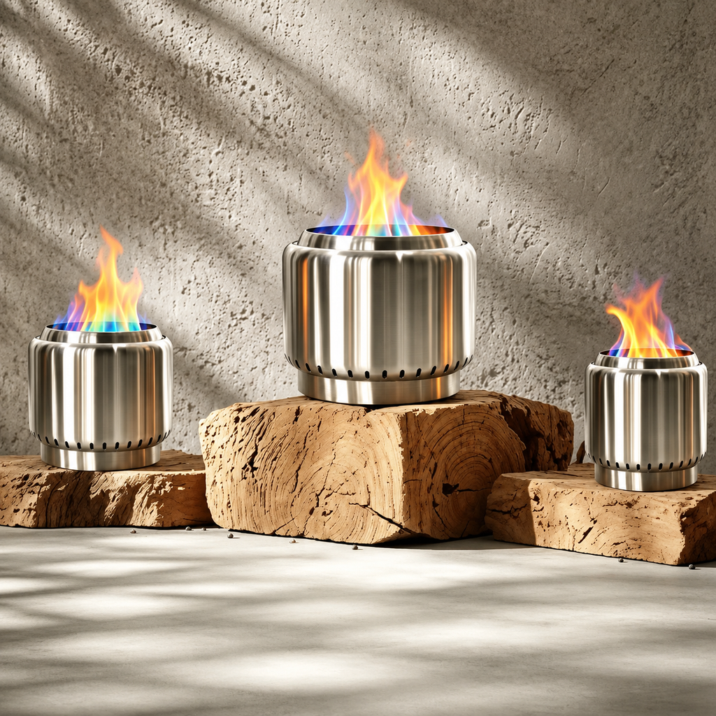 Three Ecoflame smokeless stainless steel portable fireplaces with colorful flames, displayed on rustic wood logs against a textured concrete wall.
