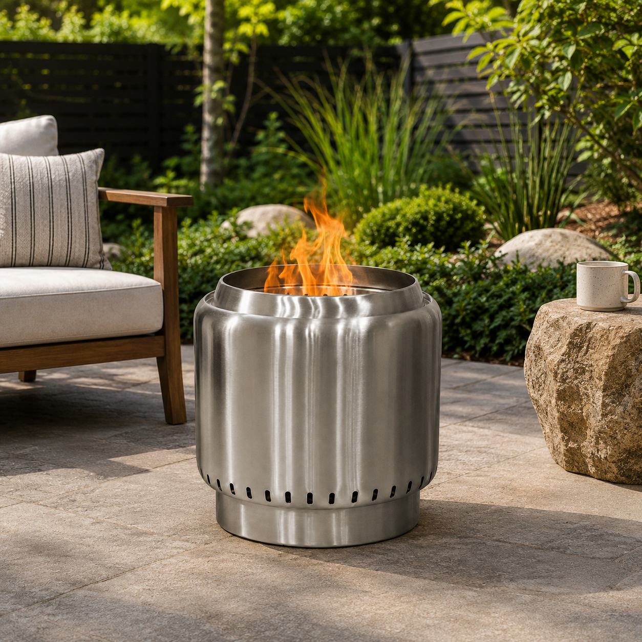 A stainless steel smokeless outdoor fire pit with a visible flame, set on a stone patio in a landscaped garden with a chair and a mug nearby.