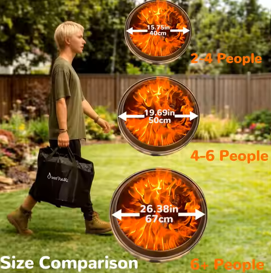 A man walks across a grassy backyard while carrying a black DOWNSPARSE bag. Three fire pit size comparison graphics overlay the right side, showing flame illustrations and diameter measurements for 2-4 people, 4-6 people, and 6+ people.