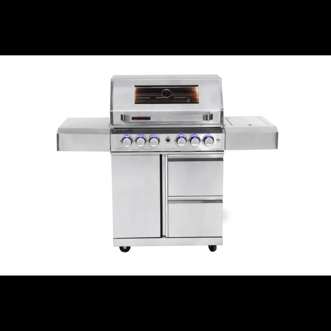 Stainless steel grill with digital display on a white background