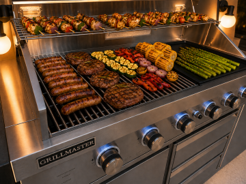 A stainless steel Grillmaster bbq grill loaded with cooked meats, vegetables, and skewers, photographed in a warm kitchen setting with lit bulbs around it.