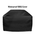 Black waterproof BBQ cover on a white background with text.
