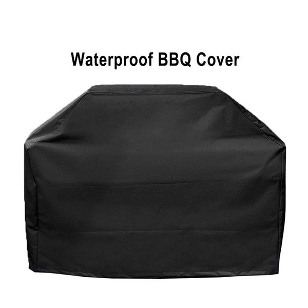 Black waterproof BBQ cover on a white background with text.