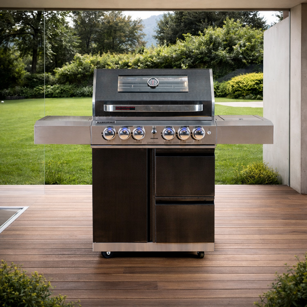 Grillmaster 4 Black BBQ in backyard setting