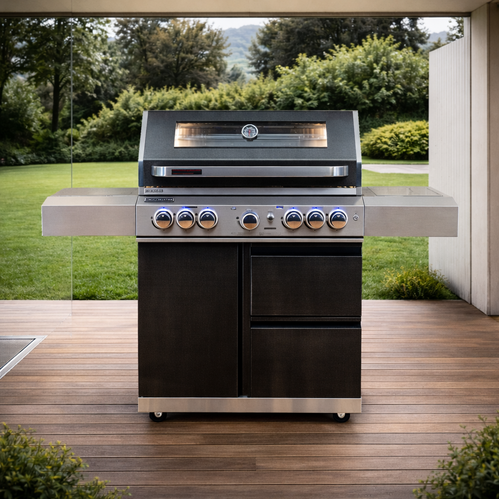 Grillmaster 6 Black BBQ in backyard setting