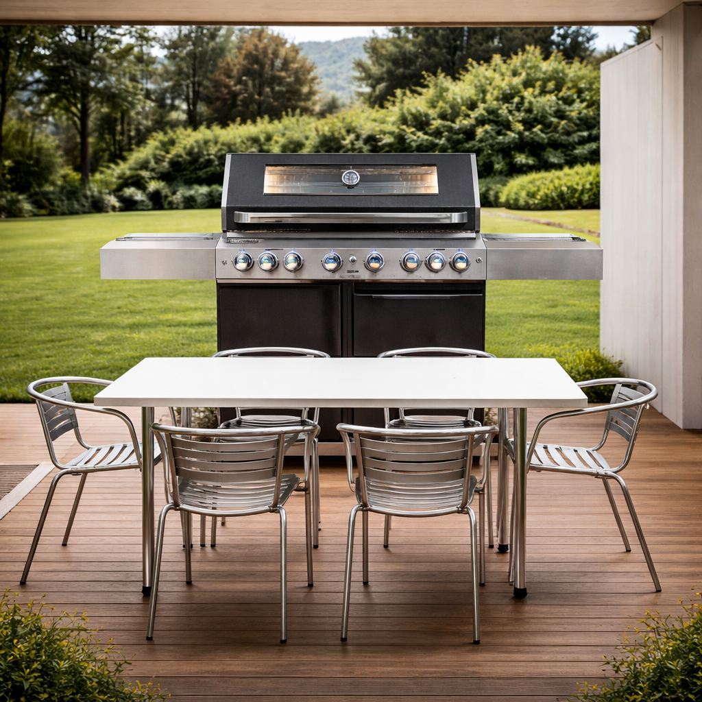 Grillmaster Black 6 Burner BBQ - Dark Finish in backyard