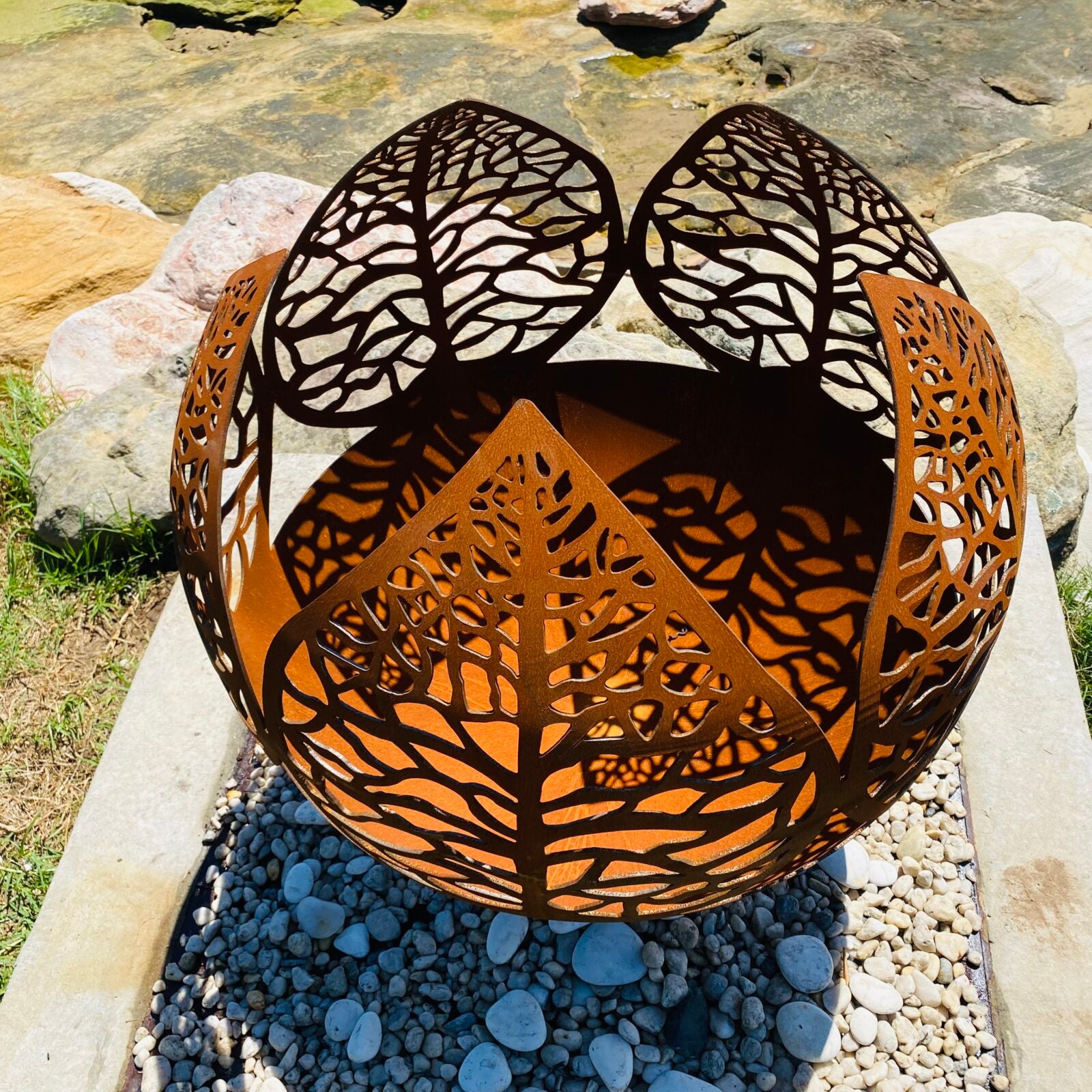 The Leaf Sphere Fire Pit top view