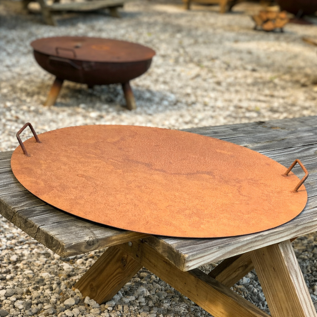 Rustic metal fire pit lid with handles