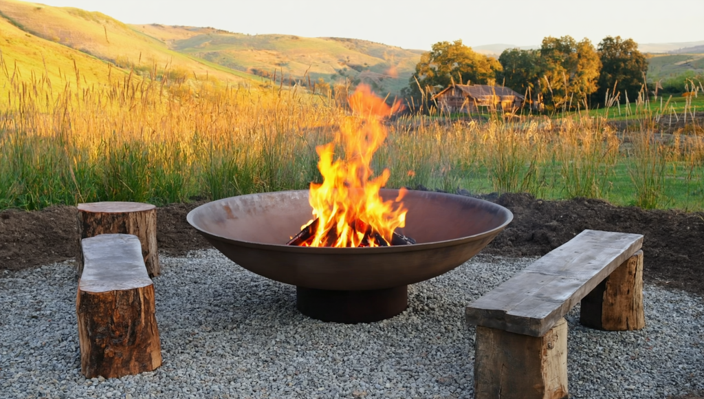 1200mm cast iron fire pit in rural setting