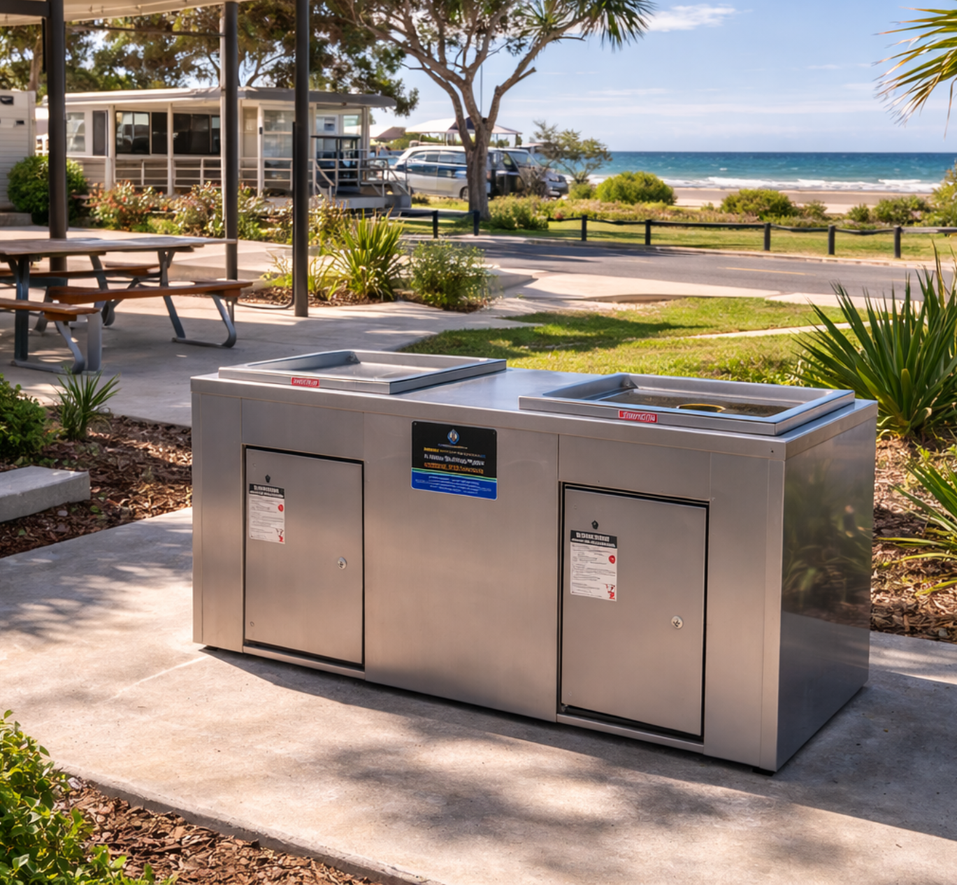 Stainless Steel Double BBQ Cabinet in beach setting