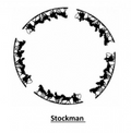 Circular design with silhouettes of people on horseback and the word 'Stockman' below.