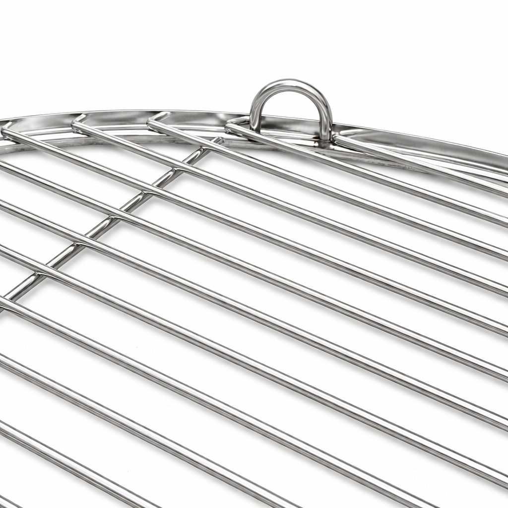 Shiny stainless steel grill grate close-up