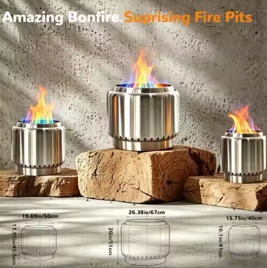 Three Ecoflame smokeless stainless steel fire pits with colorful simulated flames, displayed on rustic wood logs against a textured gray wall. White and orange text at the top reads 'Amazing Bonfire.