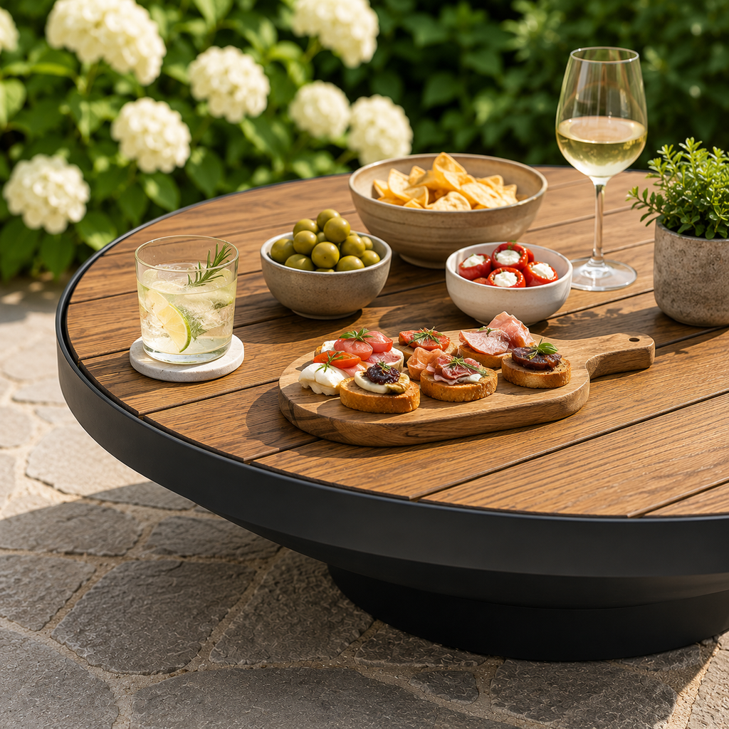 Round Solid Merbau Timber Fire Pit Table Top with appetizers and drinks on a patio