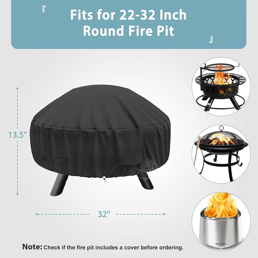 Round Fire Pit Cover for 22-32 Inch Fire Pit - Waterproof and Windproof, with Straps and Built-in Vents, 32 Dia x 13.5 H, Black