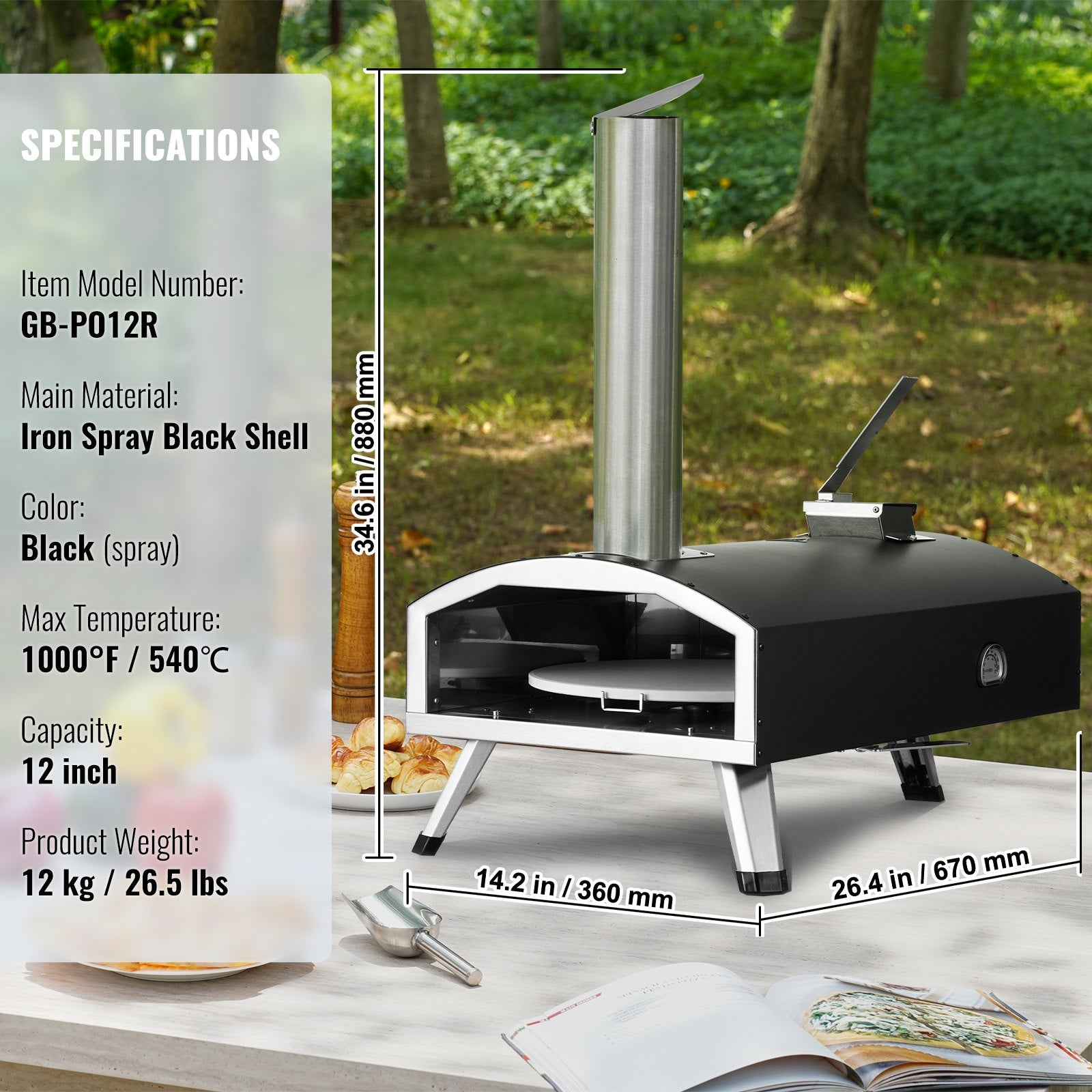 VEVOR Outdoor Pizza Oven, 12" Wood Fired Pizza Ovens, Pellet Pizza Stove with Built-in Thermometer, with Thickened Cordierite, Rotating Pizza Stone, Carry Bag, Shovel,  Portable Pizza Maker for Outside Backyard Patio Camping Black