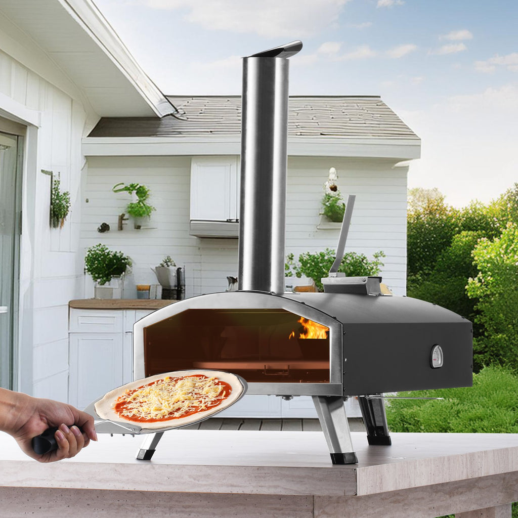 VEVOR Outdoor Pizza Oven, 12" Wood Fired Pizza Ovens, Pellet Pizza Stove with Built-in Thermometer, with Thickened Cordierite, Rotating Pizza Stone, Carry Bag, Shovel,  Portable Pizza Maker for Outside Backyard Patio Camping Black